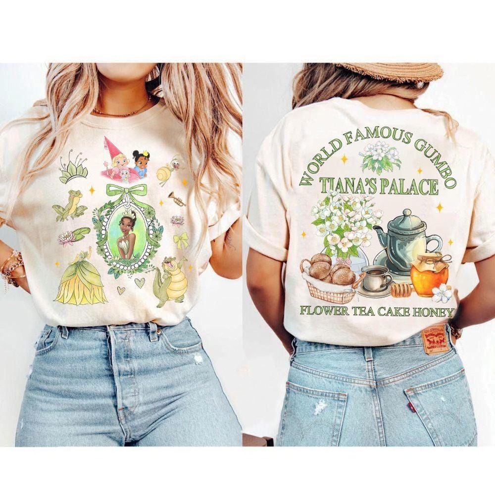 2 Sided Disney Tiana_s Palace Shirt, Princess Tiana Flower Tea Cake Honey